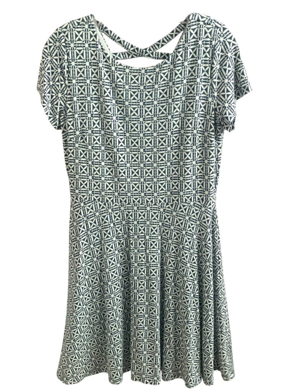 LOFT Steel Blue + White Criss Cross Back Short Sleeve Fit-N-Flare Knit Dress 6